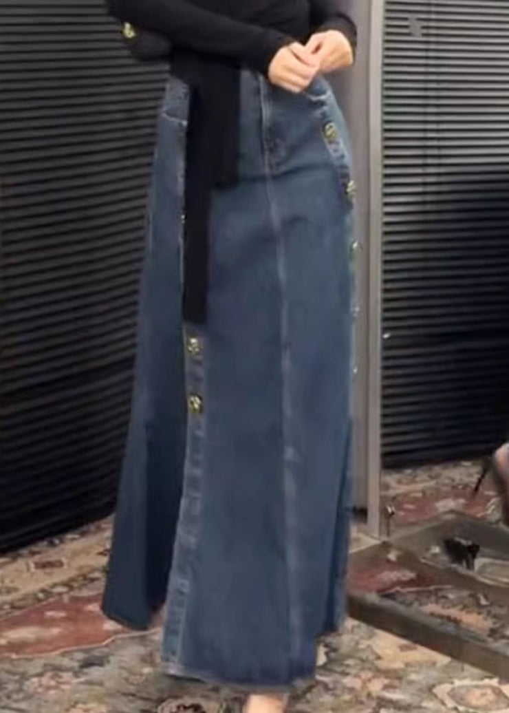 French Blue Button Side Open Denim Skirts Spring