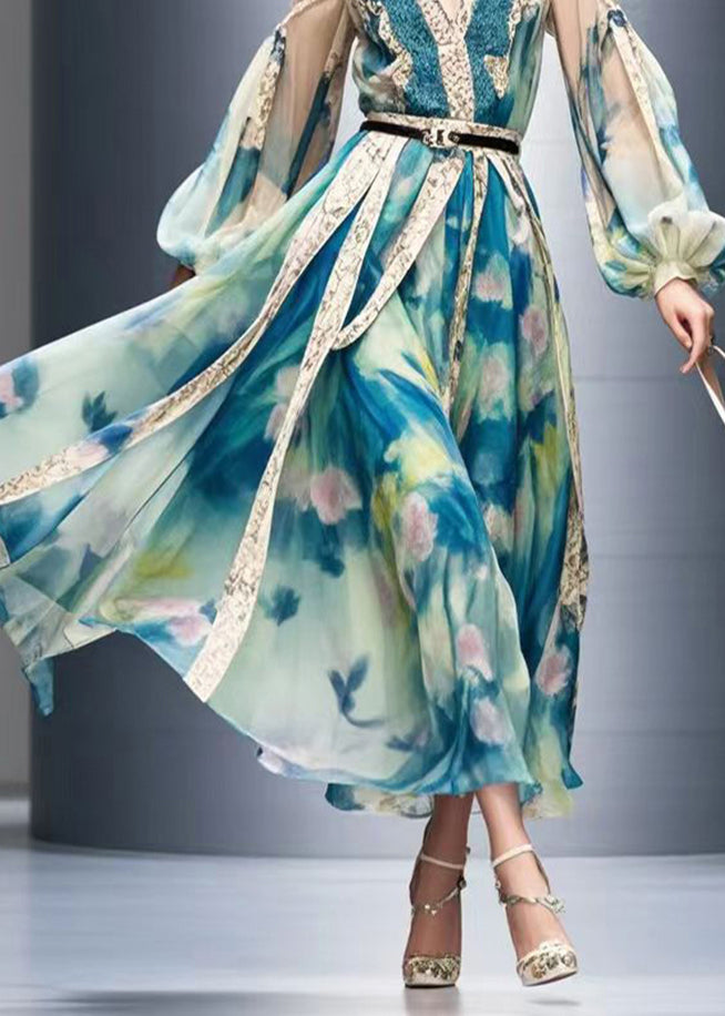 French Blue Cold Shoulder Print Chiffon Full Dresses Fall