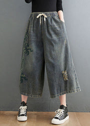 French Blue Elastic Waist Drawstring Embroideried Pockets Cotton Wide Leg Pants Summer