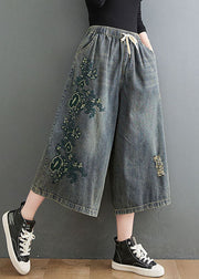 French Blue Elastic Waist Drawstring Embroideried Pockets Cotton Wide Leg Pants Summer