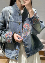 French Blue Embroidered Button Denim Coats Spring