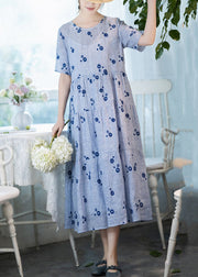 French Blue Embroidered Lace Up Pockets Linen Dress Summer