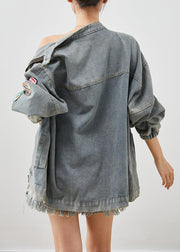 French Blue Embroidered Applique Denim Coats Fall