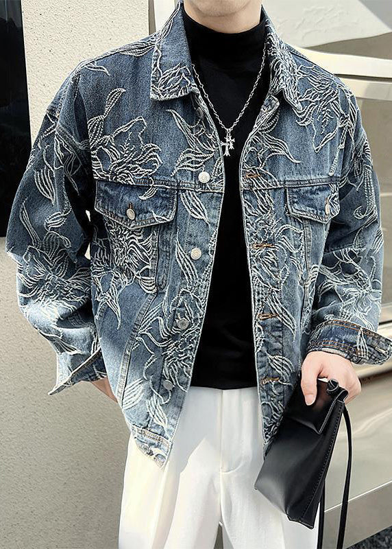 French Blue Embroideried Button Denim Men Coat Spring