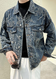 French Blue Embroideried Button Denim Men Coat Spring