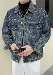 French Blue Embroideried Button Denim Men Coat Spring