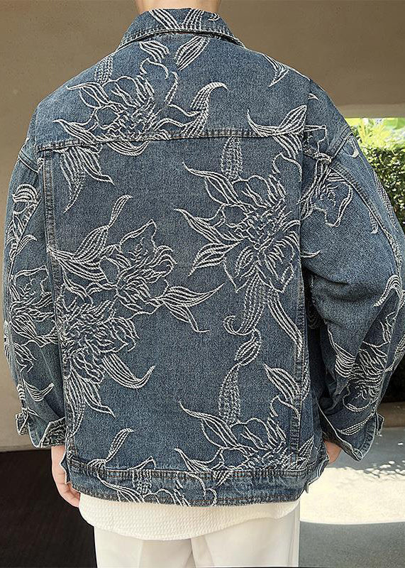 French Blue Embroideried Button Denim Men Coat Spring