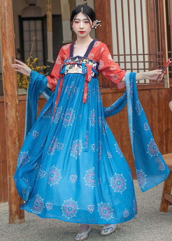 French Blue Embroideried Lace Up Wrinkled Patchwork Chiffon Maxi Dress Summer