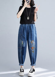 French Blue Embroideried Patchwork Denim Harem Pants Summer