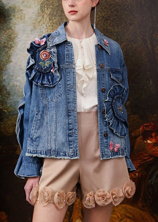 French Blue Embroidered Ruffled Patchwork Denim Coats Spring