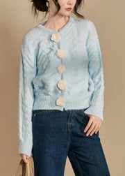 French Blue Floral Button Solid Cotton Knit Cardigan Winter