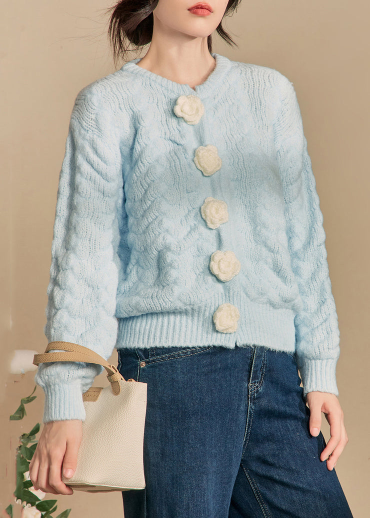 French Blue Floral Button Solid Cotton Knit Cardigan Winter