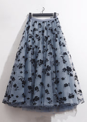 French Blue Floral Elastic Waist Tulle Skirts Summer