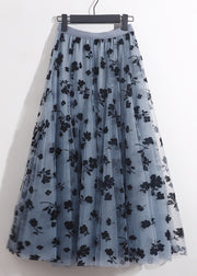 French Blue Floral Elastic Waist Tulle Skirts Summer
