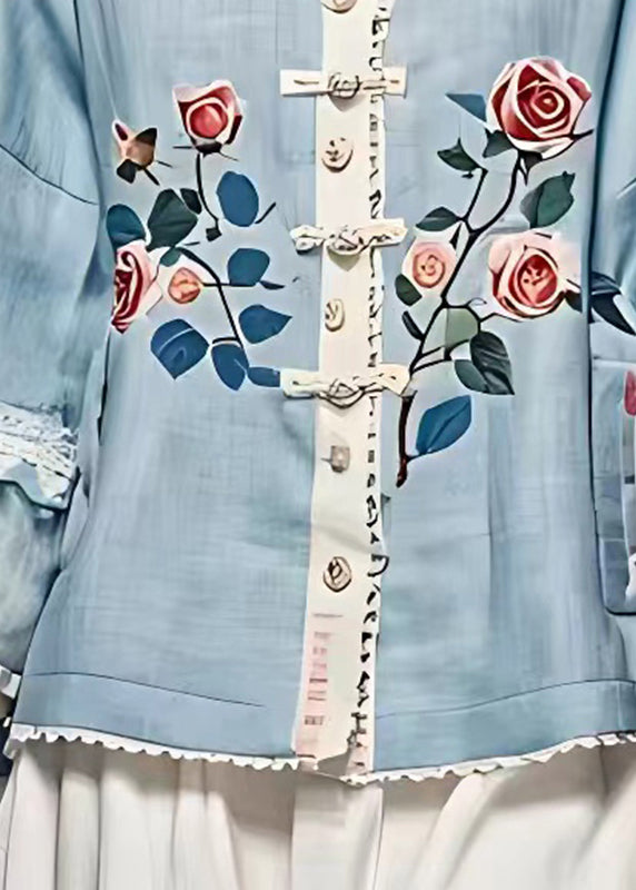 French Blue Floral Hollow Out Button Coats Fall