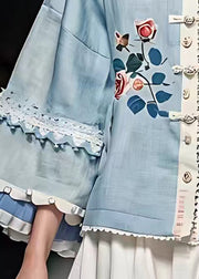 French Blue Floral Hollow Out Button Coats Fall