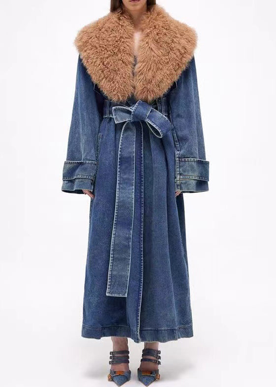 French Blue Fur Collar Tie Waist Denim Long Coats Spring