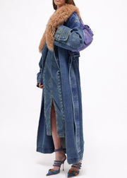 French Blue Fur Collar Tie Waist Denim Long Coats Spring