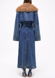 French Blue Fur Collar Tie Waist Denim Long Coats Spring