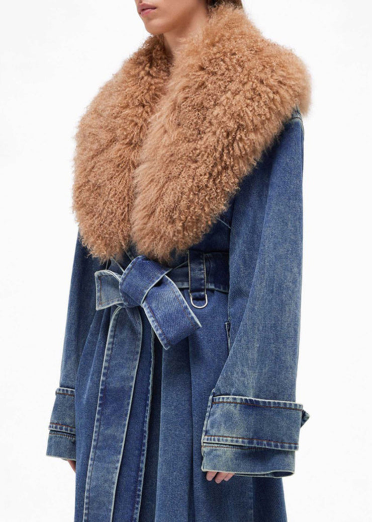 French Blue Fur Collar Tie Waist Denim Long Coats Winter