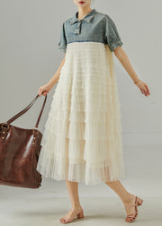 French Blue Grey Peter Pan Collar Patchwork Denim Tulle Dresses Summer