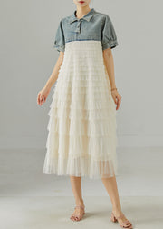 French Blue Grey Peter Pan Collar Patchwork Denim Tulle Dresses Summer