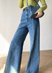 French Blue Hig Waist Patchwork Denim Pants Fall