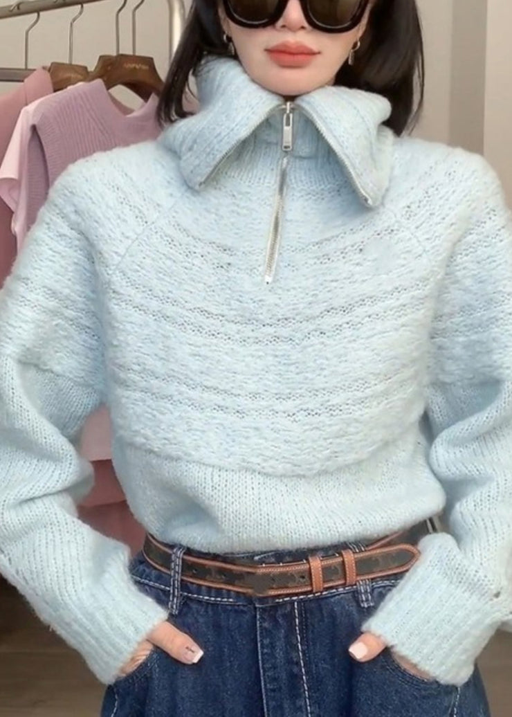 French Blue Hign Neck Zippered Cotton Knitted Sweaters Tops Fall