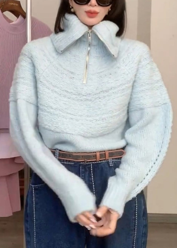 French Blue Hign Neck Zippered Cotton Knitted Sweaters Tops Fall