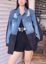 French Blue Hole Button Patchwork Denim Coats Spring