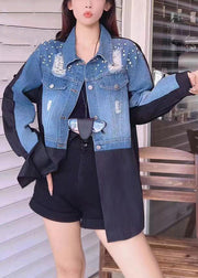 French Blue Hole Button Patchwork Denim Coats Spring