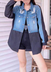 French Blue Hole Button Patchwork Denim Coats Spring