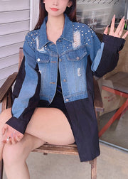 French Blue Hole Button Patchwork Denim Coats Spring