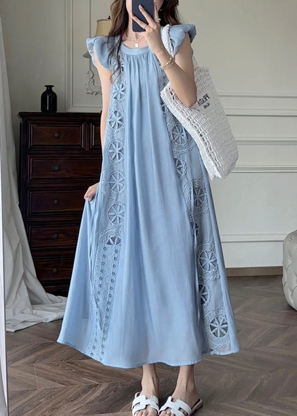 French Blue Hollow Out Embroidered Cotton Dresses Petal Sleeve