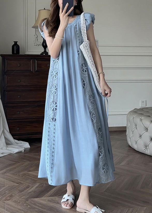 French Blue Hollow Out Embroidered Cotton Dresses Petal Sleeve