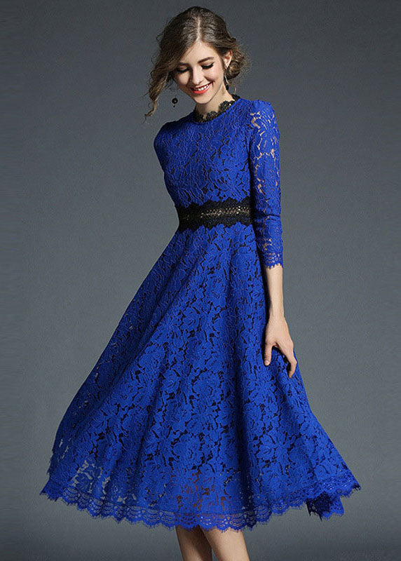 French Blue Hollow Out Embroideried Patchwork Lace Dresses Summer