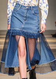 French Blue Hollow Out Patchwork Denim Skirt Summer