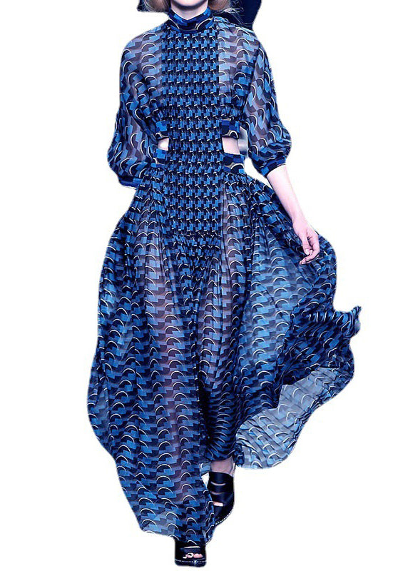 French Blue Hollow Out Print Chiffon Long Dresses Long Sleeve