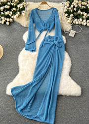 French Blue Hollow Out Tops And Side Open Skirts Knit Two Pieces Set Fall