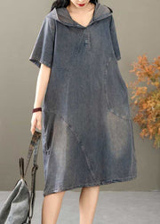 French Blue Hooded Button Denim Dresses Summer