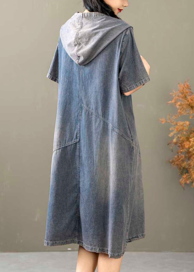 French Blue Hooded Button Denim Dresses Summer