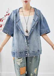 French Blue Hooded Oversized Denim Coat Short Sleeve