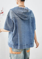 French Blue Hooded Oversized Denim Coat Short Sleeve