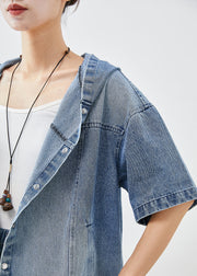 French Blue Hooded Oversized Denim Coat Short Sleeve