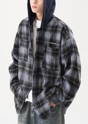 French Blue Hooded Plaid Button Cotton Mens Coats Spring