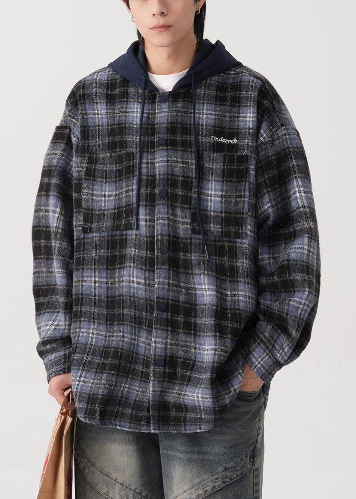 French Blue Hooded Plaid Button Cotton Mens Coats Spring