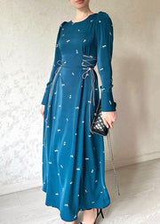 French Blue Lace Up Print Cotton Long Dresses Spring