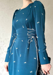 French Blue Lace Up Print Cotton Long Dresses Fall