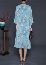 French Blue Mandarin Collar Print Chiffon Dresses Summer