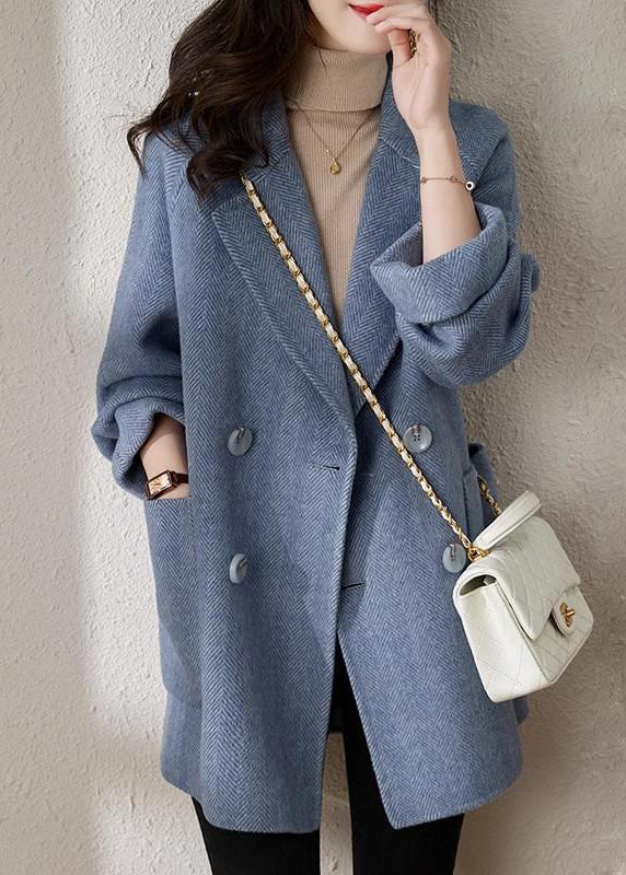 French Blue Notched Button Woolen Coat Spring